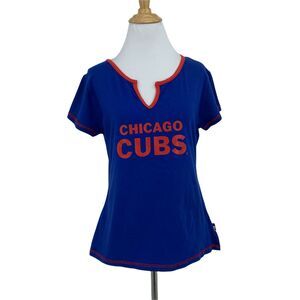 Vintage Chicago Cubs Shirt Women XS Youth Size XL Red Trim Notch Neck Blue Tee